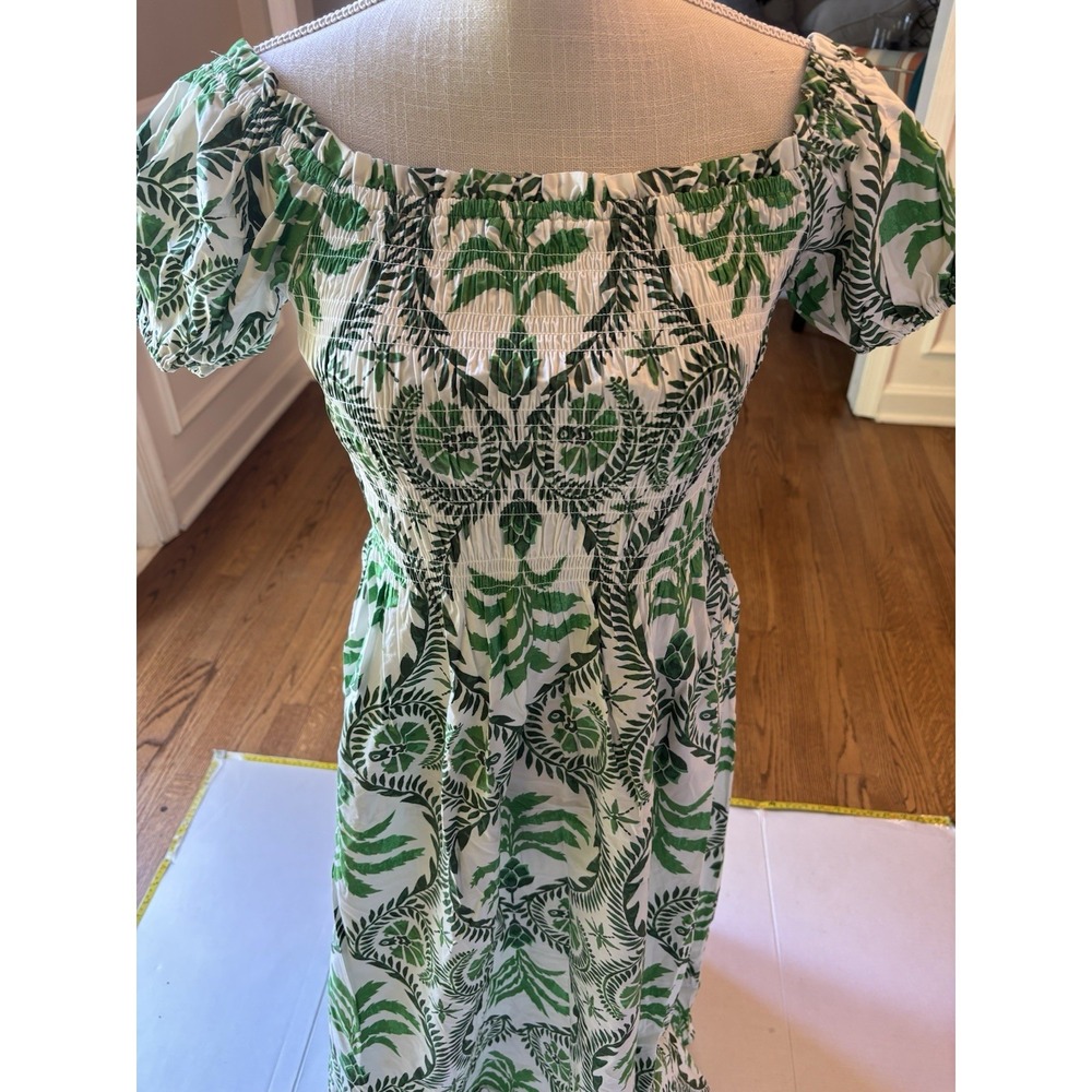 H&M Women's Green Floral Dress Sz Small Beach Vacation Boho Palms Nwt Smocked